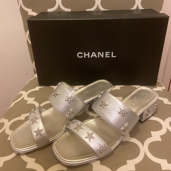CHANEL Shoes - Chanel Silver Mule Sandals